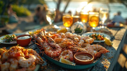 A seaside dining table filled with various seafood dishes and drinks at sunset, featuring shrimp, lemons, and festive ambiance.