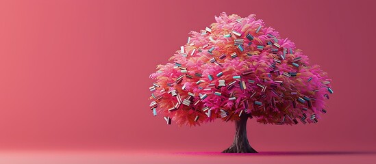 Obraz premium 3D tree with books as leaves each one detailed and colorful standing proudly on solid fuchsibackground. The tree symbolizes the growth of knowledge and education.
