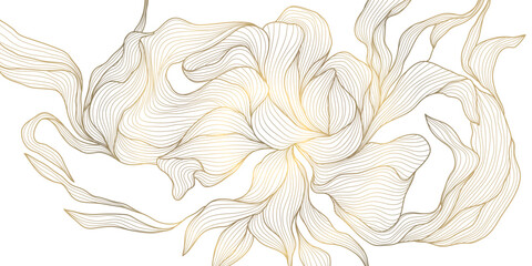 Vector line floral texture, gold leaf ornament, Japanese dynamic luxury decor element. Modern graphic botanical drawing.