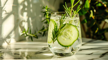 a refreshing gin and tonic, featuring a sprig of rosemary and slices of cucumber, served in a highball glass on a marble countertop, with a background of botanical elements and natural light 