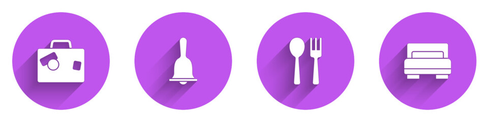 Set Suitcase, Hotel service bell, Fork and spoon and room bed icon with long shadow. Vector