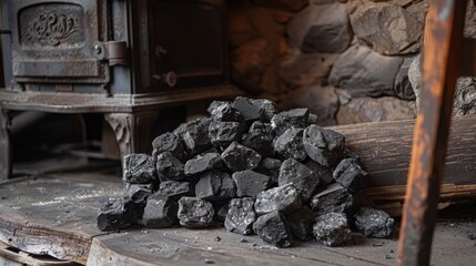 Nostalgic Warmth: Neatly Stacked Coal Briquettes Beside Antique Coal Stove, Evoking Memories of Traditional Heating in Bygone Eras, Essential for Vintage Home Decor
