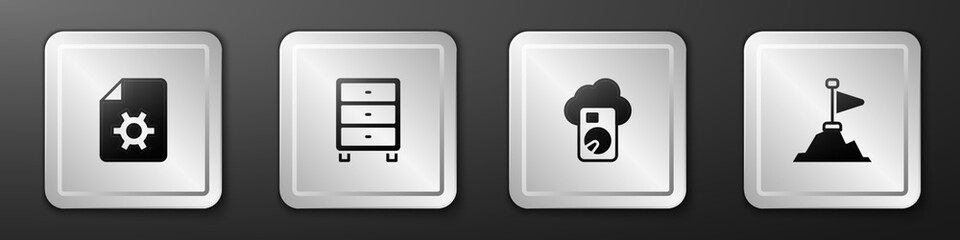 Set Document settings, Archive papers drawer, Cloud database and Mountains with flag on top icon. Silver square button. Vector