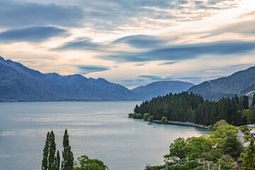 Lake Wakatipu at sunrise, Queenstown, Otago, South Island, New Zealand, Oceania.