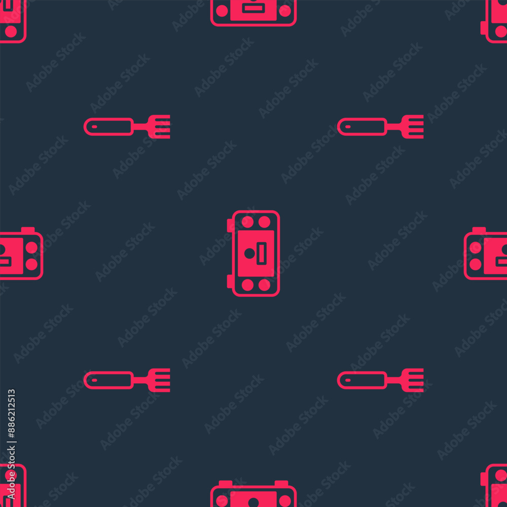 Poster set fork and portable video game console on seamless pattern. vector