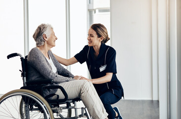 Senior woman, nurse and help with support for healthcare, empathy or trust in elderly care or...