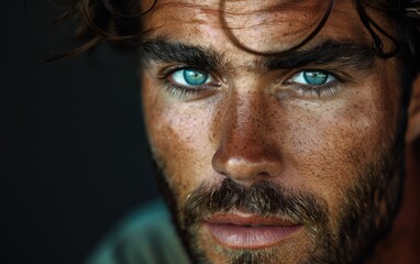 Fototapeta premium A close-up portrait of a handsome man with blue eyes, wearing a warm scarf in the winter, with snow on his beard