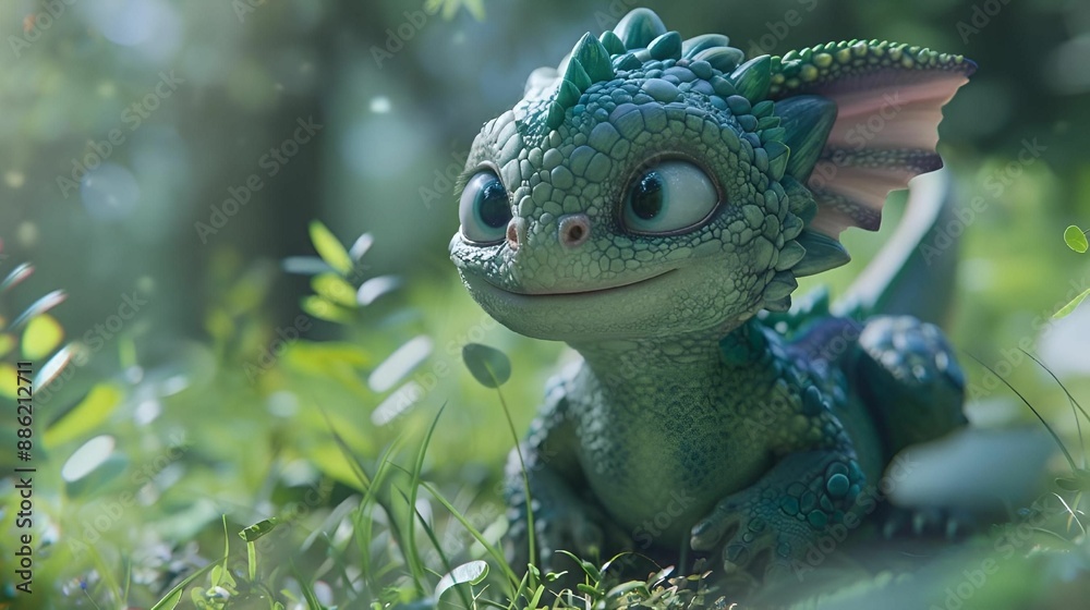 Poster AI generated illustration of a cute baby dragon in a lush, green forest setting