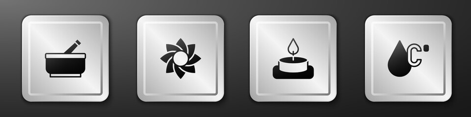 Set Mortar and pestle, Flower, Aroma candle and Water temperature icon. Silver square button. Vector