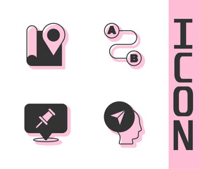 Set Map marker with human, Folded map location, Push pin and Route icon. Vector
