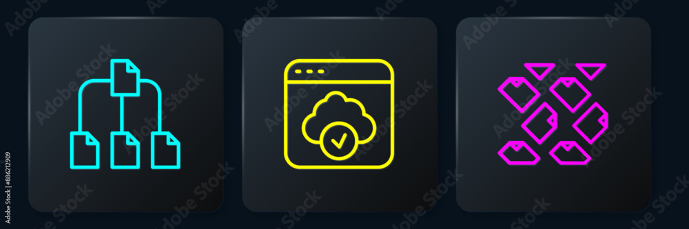 Poster set line folder tree, data stream and cloud technology data transfer. black square button. vector