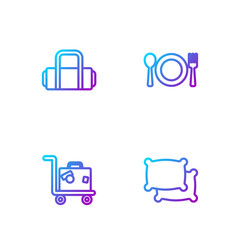 Set line Pillow, Suitcase, and Plate, fork and knife. Gradient color icons. Vector