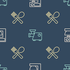 Set line Electric mixer, Crossed fork and spoon and Kitchen meat grinder on seamless pattern. Vector