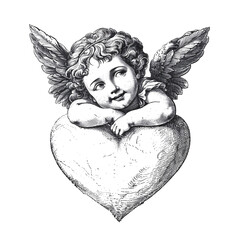 Illustration of an adorable cherub lying on a big heart. Engraving style