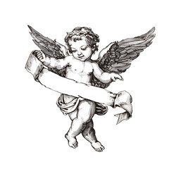 An adorable cherub flying with a ribbon. Woodcut engraving style illustration. Isolated