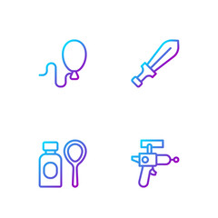 Set line Ray gun, Soap bubbles bottle, Balloons and Sword toy. Gradient color icons. Vector