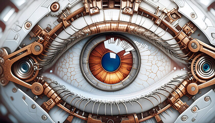 Obraz premium Cyborg metallic human eye made with gears with iron pieces and rusty material and shiny iris made with shiny aluminum, hyper realistic high definition image in close up 