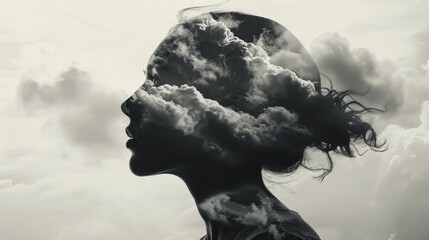Monochrome double exposure of girl profile portrait and stormy cloudscape 