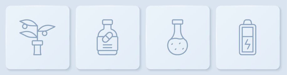 Set line Plant breeding, Test tube, Medicine bottle and pills and Battery. White square button. Vector