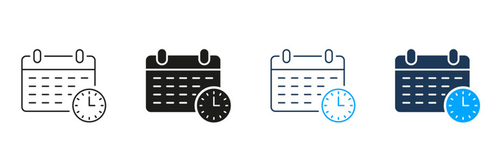 Calendar with Clock Line and Silhouette Icon Set. Time Management Concept. Schedule, Deadline Pictogram. Event Day Reminder Symbol. Editable Stroke. Isolated Vector Illustration