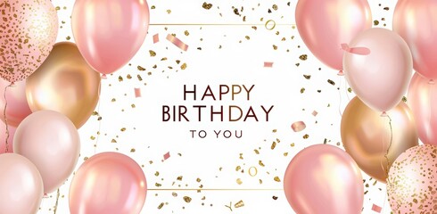 Happy birthday background with golden balloons and confetti, pink and gold color palette, white frame. Modern minimalistic vector banner for greeting cards or advertising