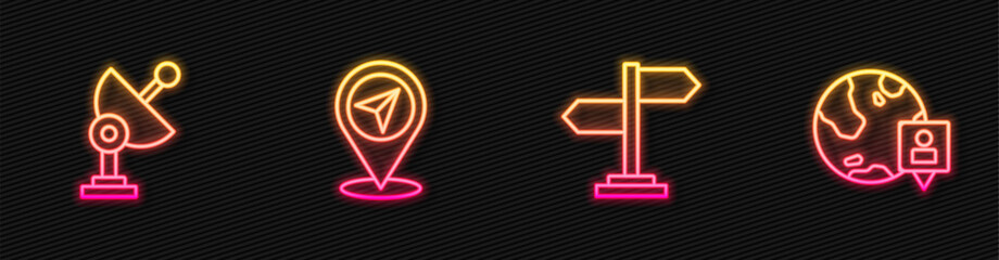 Set line Road traffic sign, Radar, Map pin and Location on the globe. Glowing neon icon. Vector