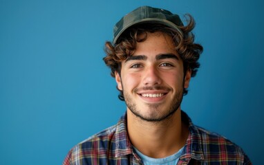 Fototapeta premium A handsome young man with brown hair and a beard smiles at the camera. He is wearing a white t-shirt and is standing against a blue background