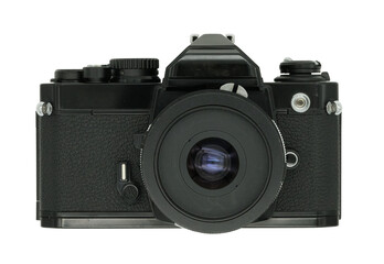 Close-up of vintage camera and flim isolated with clipping path on white background.