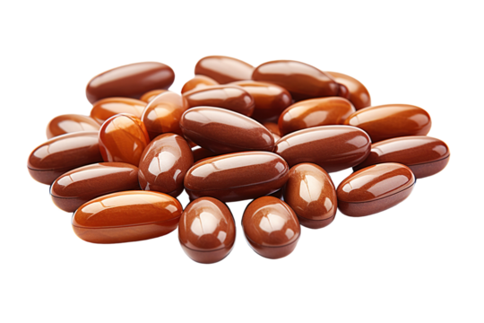 A Scattered Collection of Shiny Brown Capsules, Glowing Under a Bright Light on a White or Clear Surface PNG Transparent Background.