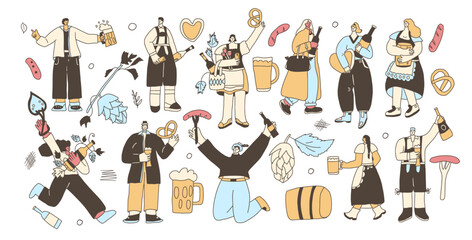 Set of Oktoberfest characters. Beer festive people kit. Vector collection illustration isolated on white background.eopleset-05