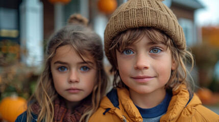Obraz premium Toddler friends in front of house, autumn Halloween
