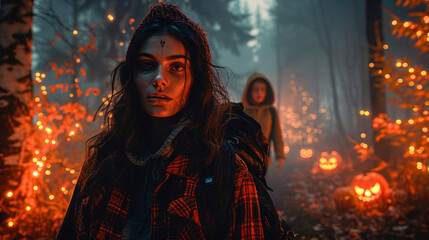 Woman in forest with Halloween lights, eerie atmosphere