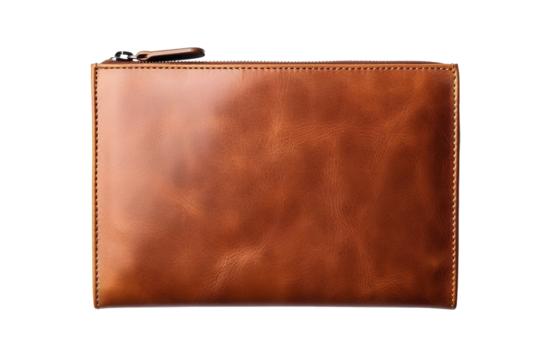 A Luxurious Brown Leather Clutch Purse With a Subtle Zip Closure on a White or Clear Surface PNG Transparent Background.