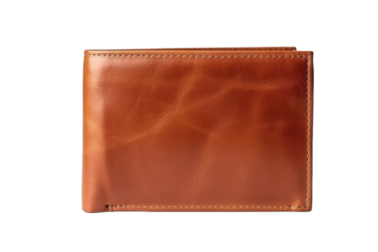 A Worn Leather Wallet Against a Pristine White Background on a White or Clear Surface PNG Transparent Background.