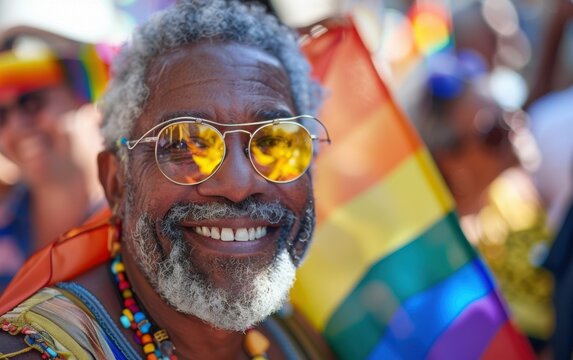 A Black senior gay man with a joyful expression is showered in confetti during a Pride celebration