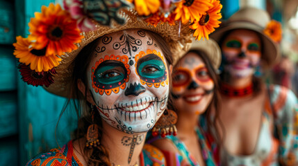 Women in colorful dresses and sugar skull Catrina makeup, Day of the Dead celebration