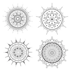 Set of geometric vector mandala in outline style, black and white. Collection perfect for coloring, spiritual, decorative, or artistic use.