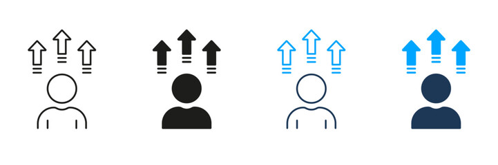 Progress in Business, Career Success Pictogram. Team Growth Up Line and Silhouette Icon Set. Development in Stock Market Symbol. Promotion Sign. Editable Stroke. Isolated Vector Illustration