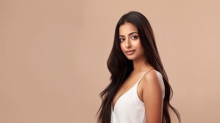 Naklejka premium An Indian woman with long hair isolated on a beige background haircare concept