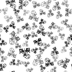 Black Castle icon isolated seamless pattern on white background. Medieval fortress with a tower. Protection from enemies. Reliability and defense of the city. Vector