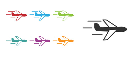 Black Plane icon isolated on white background. Flying airplane icon. Airliner sign. Set icons colorful. Vector