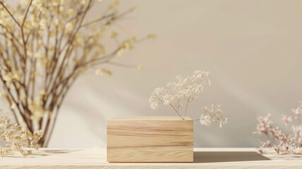 Big Indoor studio podium and leaves white background.  indoor studio podium, studio podium, podium with leaves, white background, indoor stage, studio platform, indoor presentation, podium design,