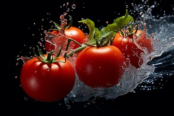 Fresh tomatoes falling into water with splash on black background, closeup