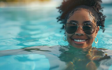 A smiling black woman with curly hair swims in a pool on a sunny day