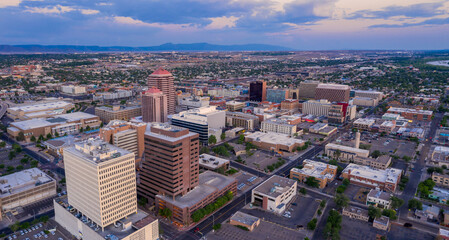 Downtown city skyline of Albuquerque at sunset, New Mexico, United States of America.