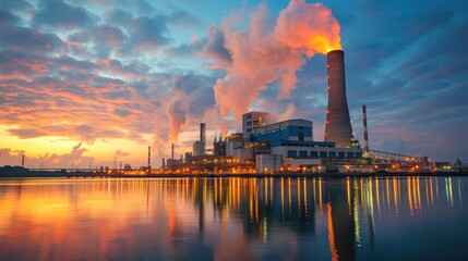 Industrial power plant at sunset with smoke and reflections