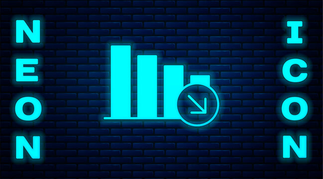 Glowing neon Financial growth decrease icon isolated on brick wall background. Increasing revenue. Vector
