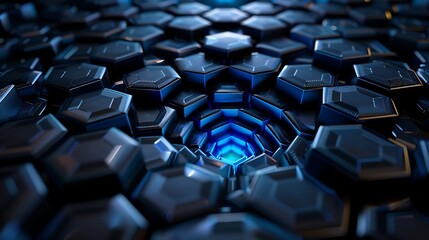 Obraz premium A dark blue hexagonal texture with a vibrant azure blue radial center, rendered in ultra-high definition with a minimalist design