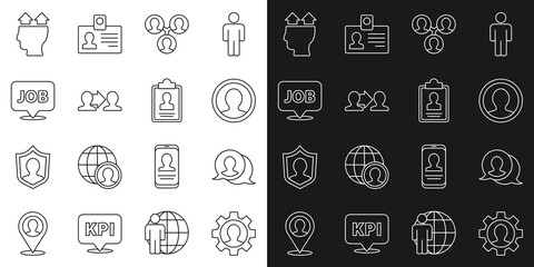 Set line Human with gear, Speech bubble chat, Create account screen, Project team base, job, User of and Clipboard resume icon. Vector
