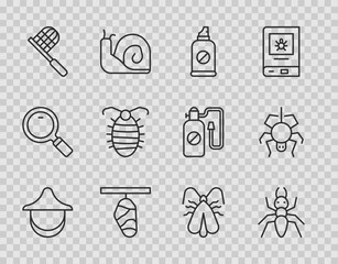 Set line Beekeeper hat, Ant, Spray against insects, Butterfly cocoon, net, Larva, Clothes moth and Spider icon. Vector